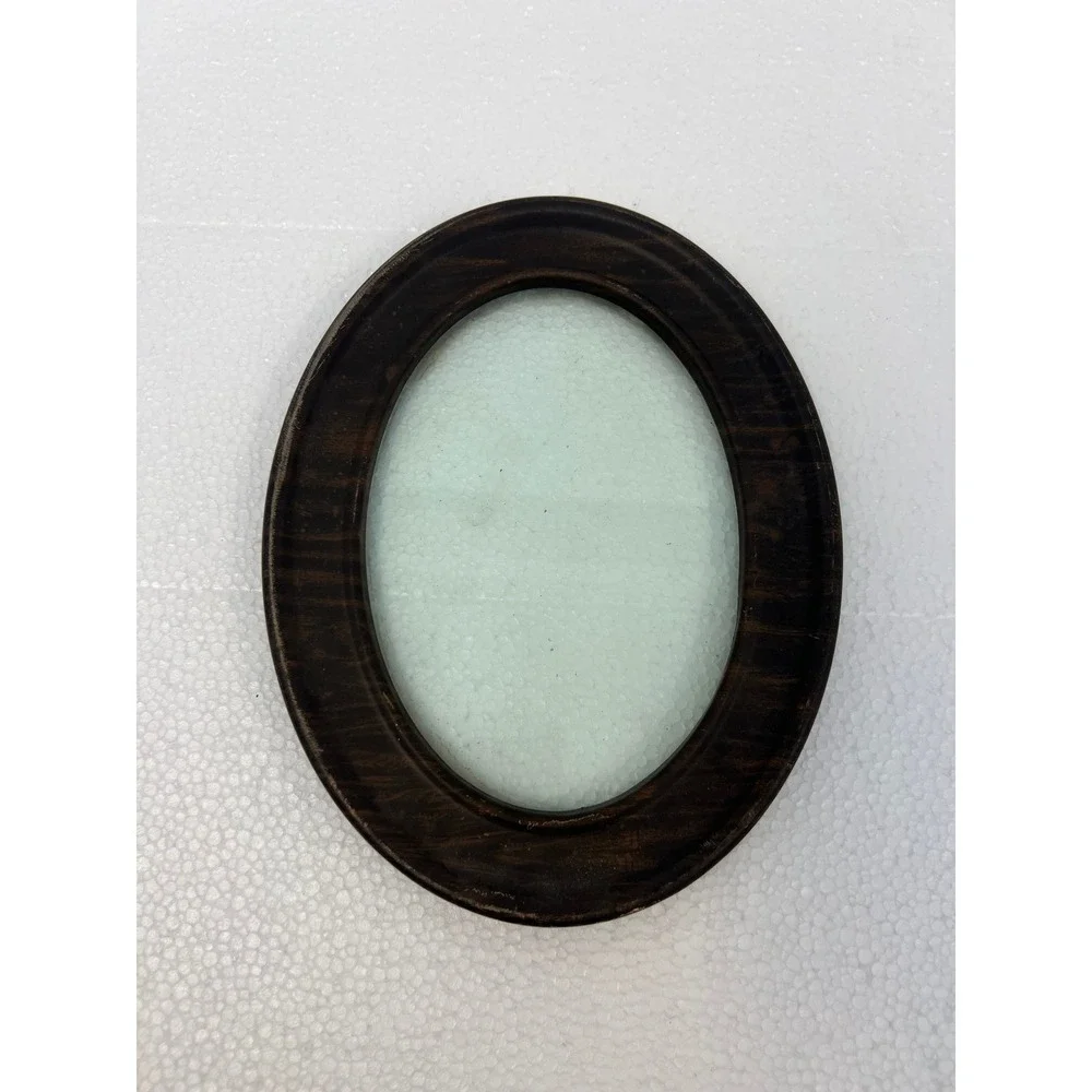 Vintage 1940s Faux Wood Tin Oval Picture Frame w Glass Round Art Deco Metal 6x8